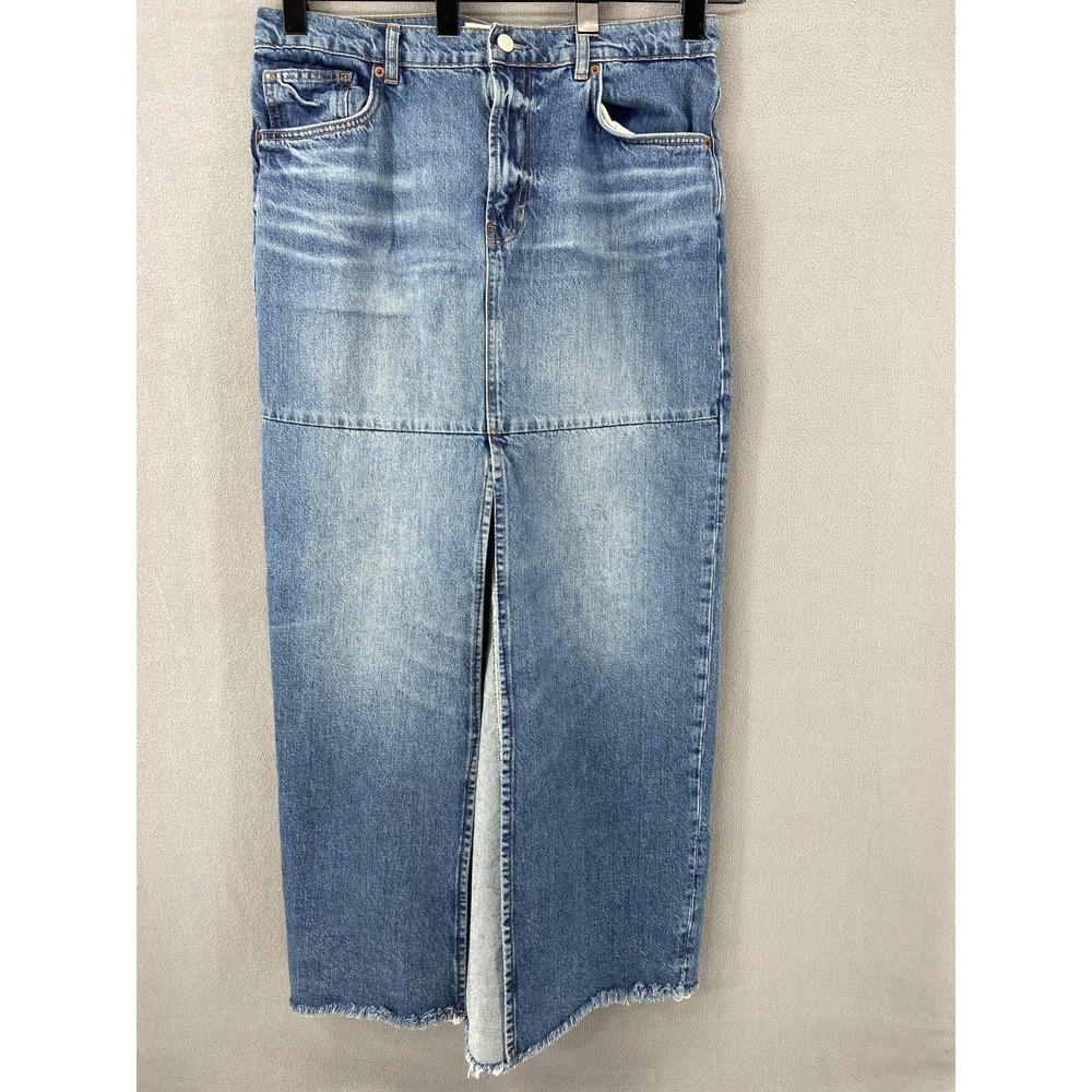 Reformation Skirt Womens 30 Blue Tazz Maxi Denim Front Slit Raw‎ Hem Whiskering